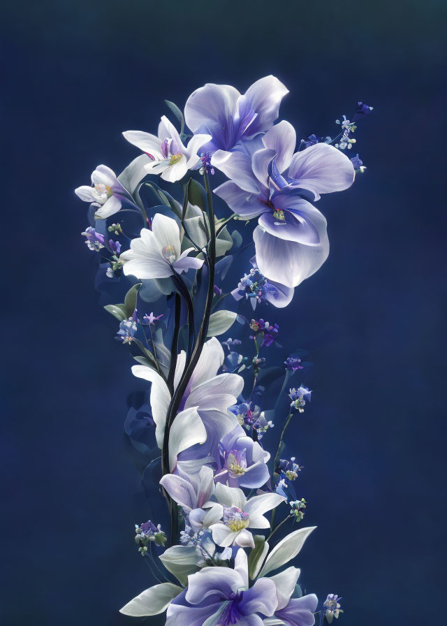 Delicate blue and white flowers on dark blue background