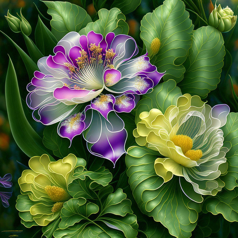 Fantasy flowers digital artwork: vibrant purple and yellow hues, glossy metallic sheen