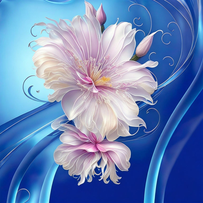 Stylized pink flower illustration on shimmering blue background