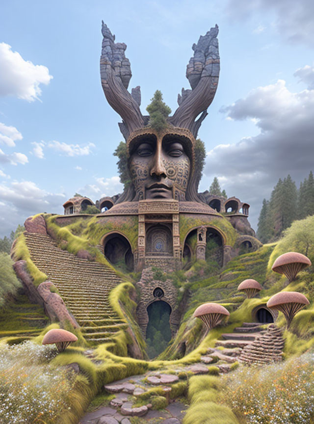 Fantastical landscape with face-like structure and mushroom houses