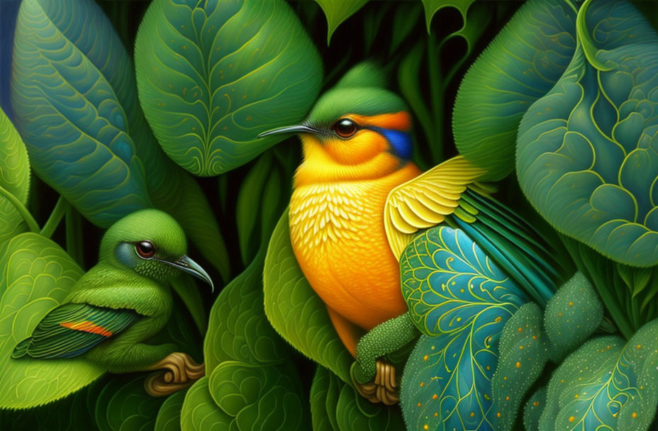Colorful Bird Illustration Among Lush Leaves and Patterns