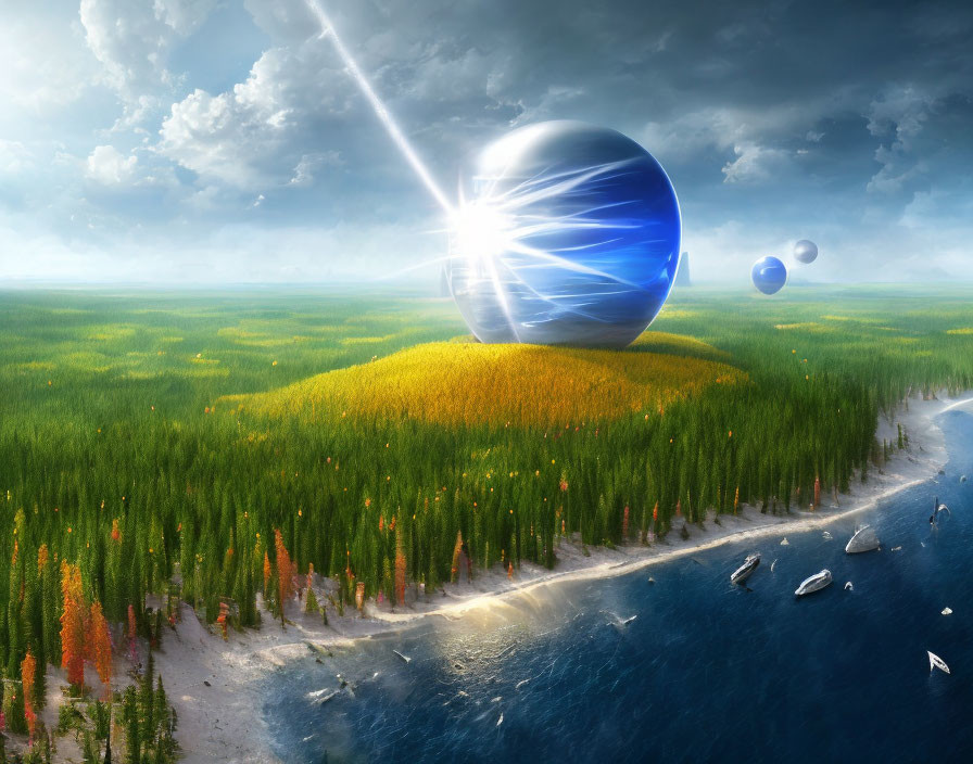 Surreal landscape with large reflective sphere emitting light above forested hill and ocean.