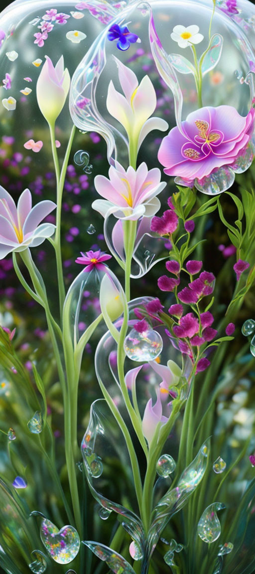 Colorful Flowers and Plants with Transparent Bubbles on Green Background