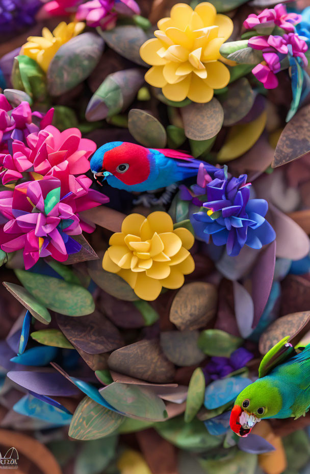 Vibrant colorful birds and artificial flowers in vivid image