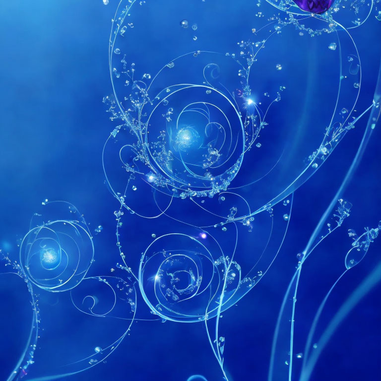 Blue Abstract Background with Swirling Patterns and Glowing Orbs