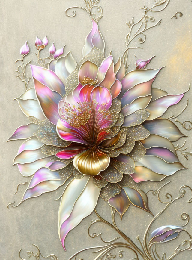 Iridescent flower art with sparkling petals and gold leaves on textured background