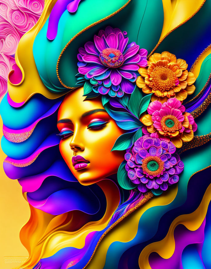 Colorful woman portrait with flowing floral hair on psychedelic backdrop