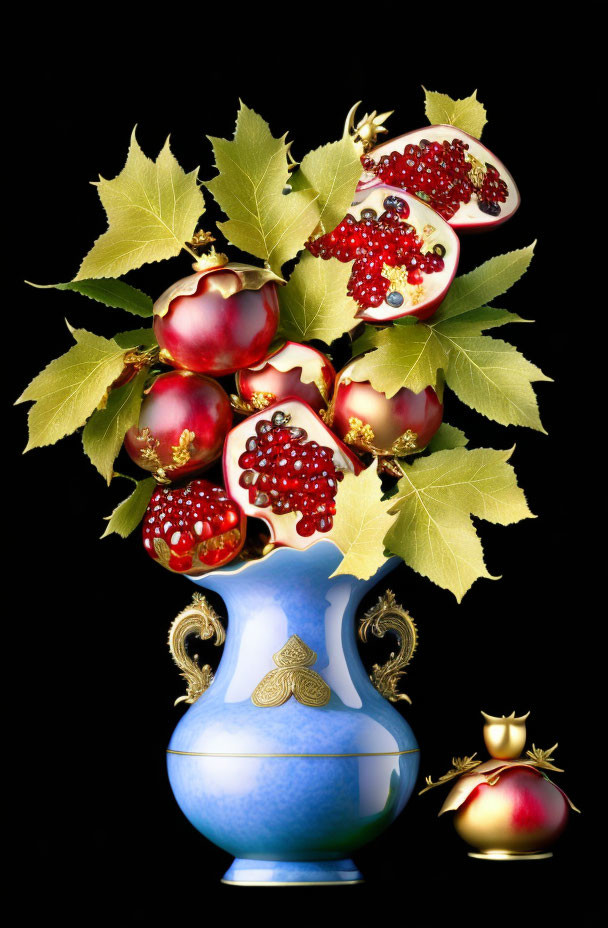 Colorful blue vase with gold accents, green leaves, and sliced pomegranates on black.