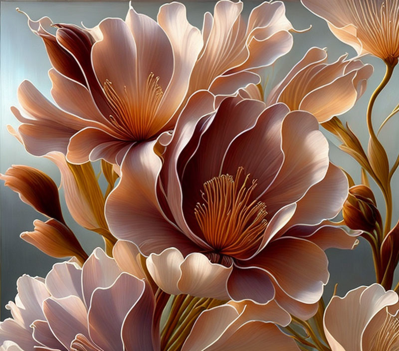 Detailed digital painting of oversized brown and cream flowers on a soft blue-gray background