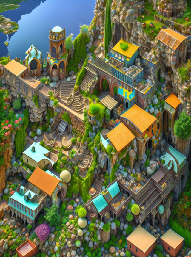 Vibrant cliffside village with intricate buildings and lush greenery