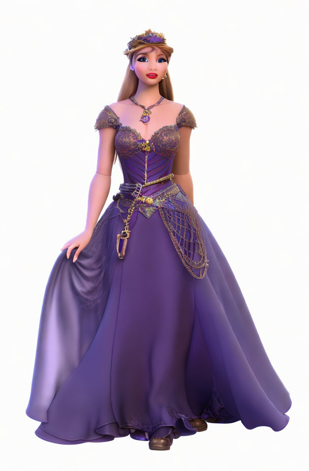Princess in Long Purple Dress with Golden Trim, Floral Crown, and Scepter