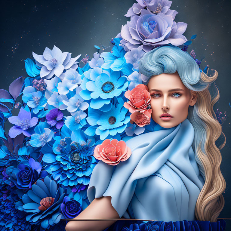 Vibrant digital art: Woman with blue hair among colorful flowers