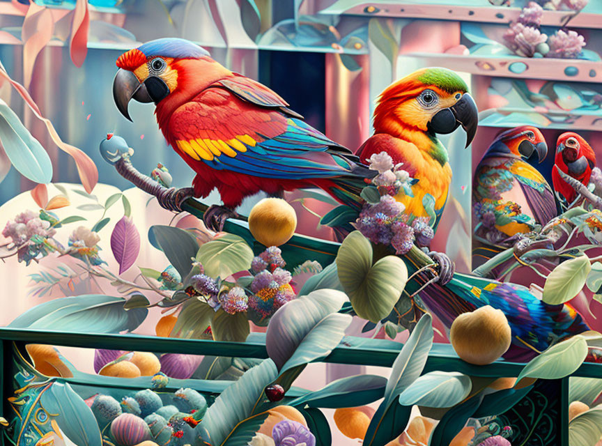 Vibrant parrots in lush tropical setting with colorful feathers
