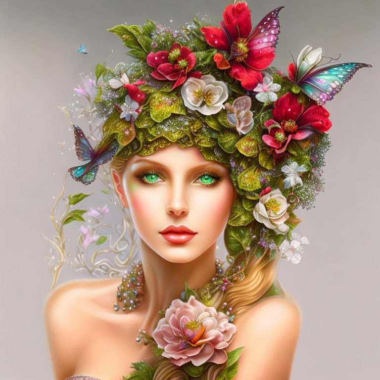 Vibrant Green-Eyed Woman with Floral Headpiece and Butterflies