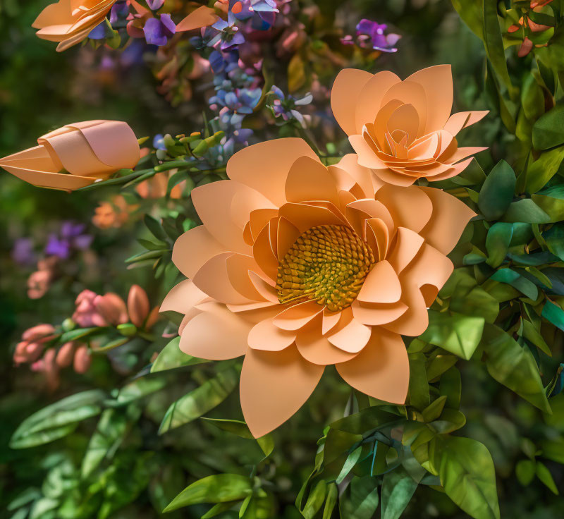 Colorful Orange Paper Flowers with Greenery and Purple Blooms