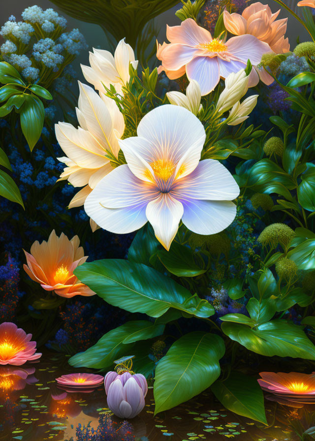Colorful digital artwork featuring white and orange flowers on a shadowy backdrop