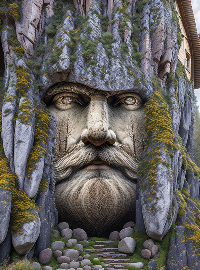 Giant rocky face with green moss: mystical guardian on stone pathway