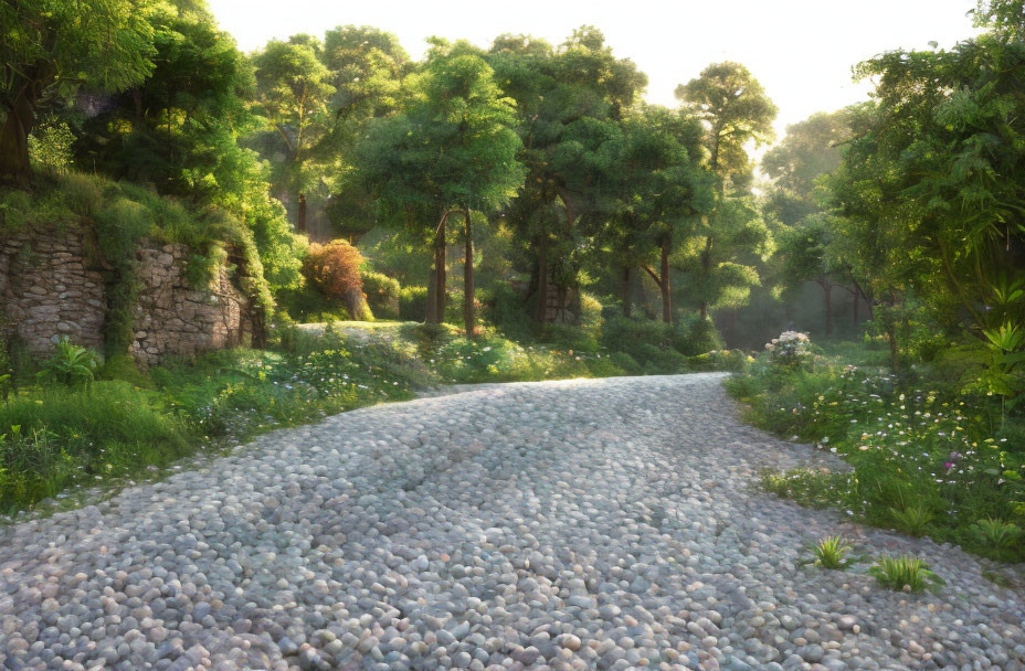 Tranquil Cobblestone Path in Lush Forest With Dappled Sunlight