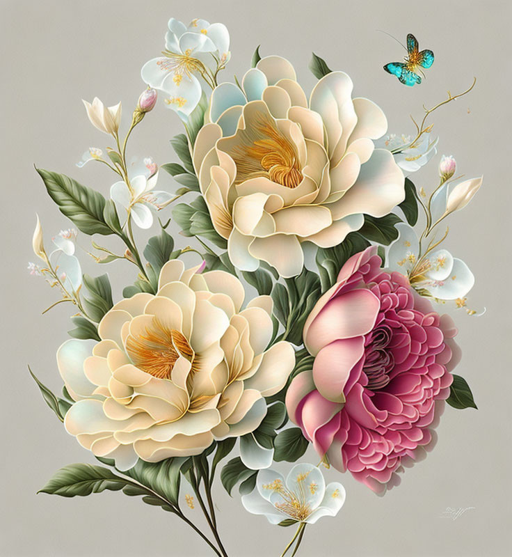 Digital painting of cream and pink flowers with white blossoms and a blue butterfly