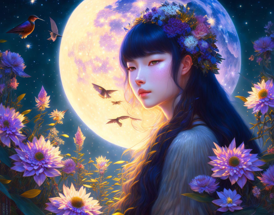 Illustration of girl with floral crown under full moon surrounded by night-blooming flowers and swallows