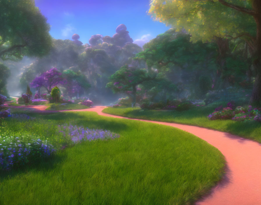 Lush garden scene with winding pink path and magical glow