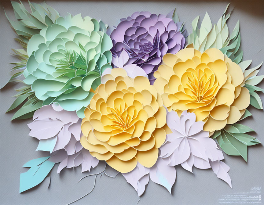 Vibrant paper flowers in blue, purple, and yellow on pale backdrop