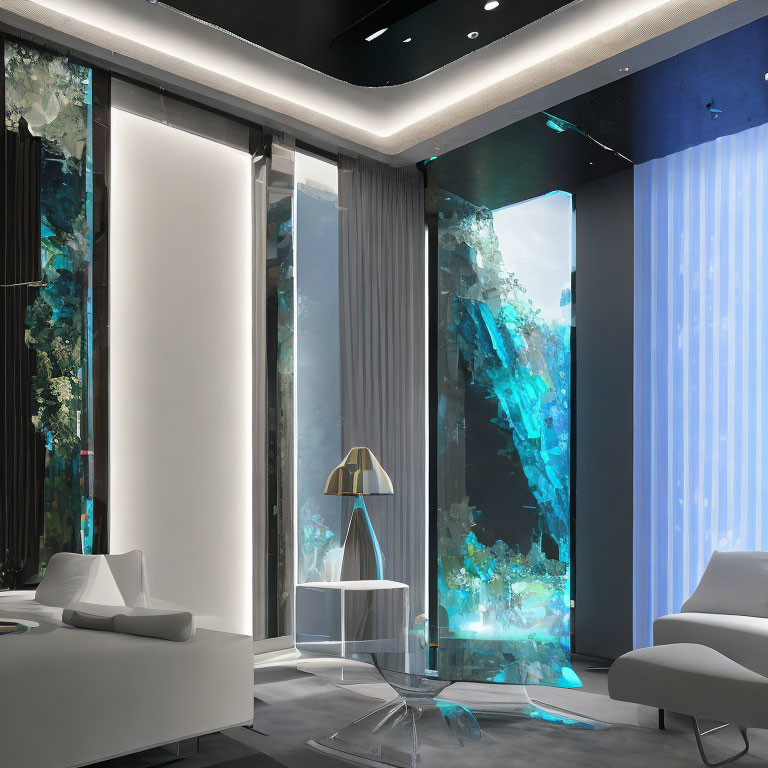 Sleek furniture and vibrant aquariums in modern living room