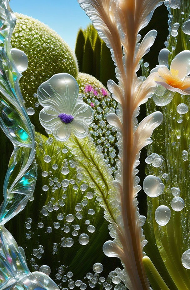 Whimsical landscape with dew-covered flora and bubbles