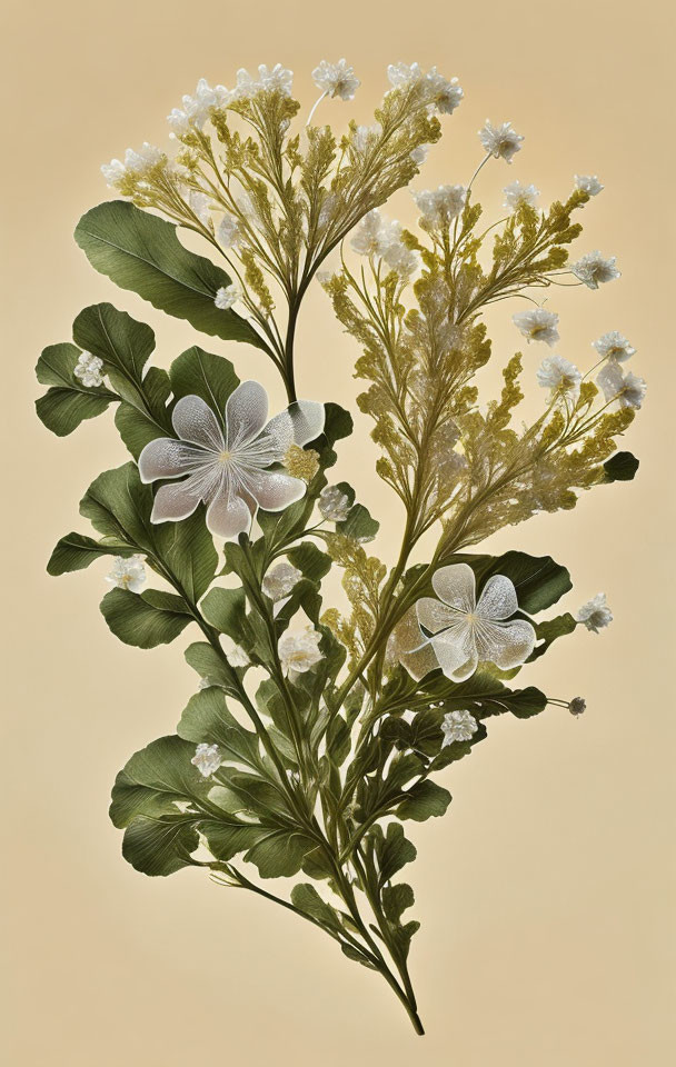 Botanical illustration of green leaves, white flowers, and delicate inflorescences on beige background