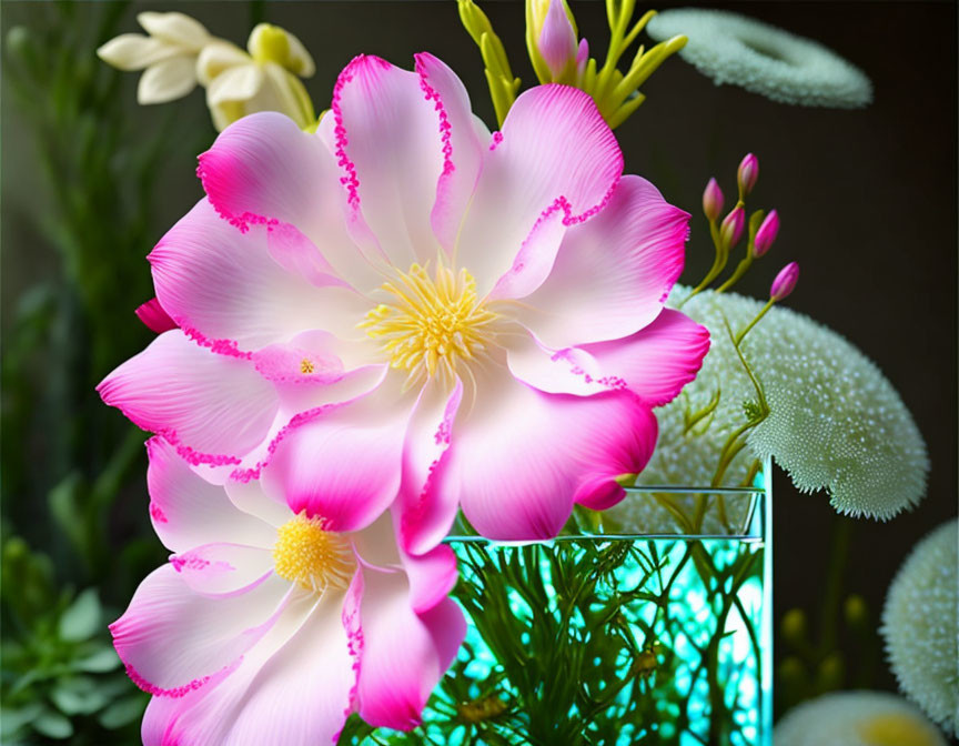 Bright pink flower with yellow stamens in glass vase among white and green plants