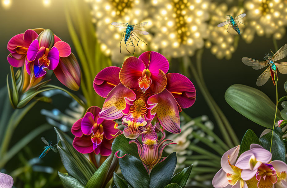Pink orchids, dragonflies, and soft lights in lush setting