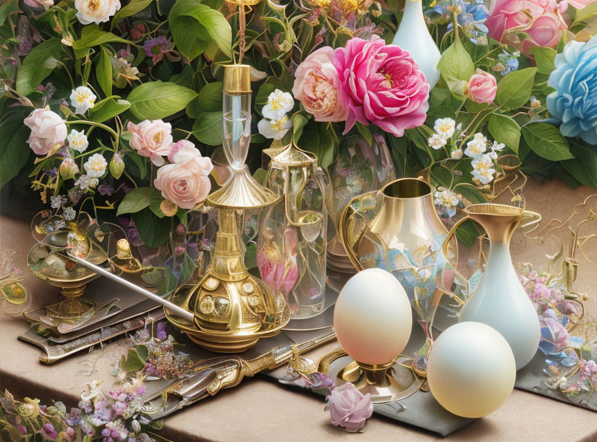 Lustrous metallic vases with delicate pink and blue flowers and ornate golden cutlery.