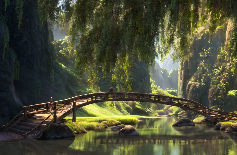 Tranquil forest landscape with wooden bridge and river