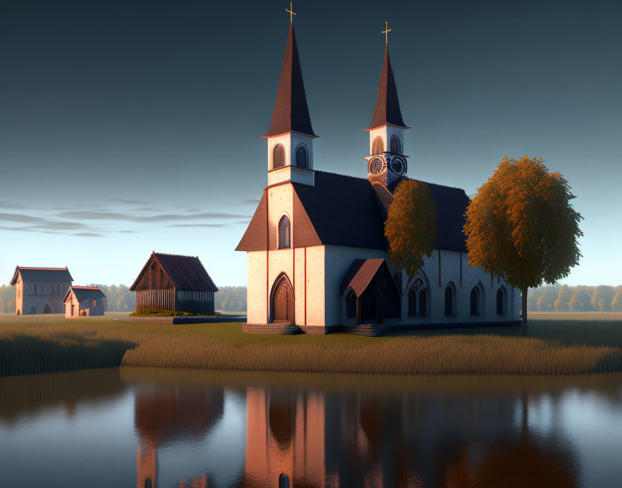 Tranquil church with twin spires near water at dusk