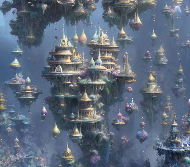 Fantastical cityscape with floating islands and intricate towers in serene sky