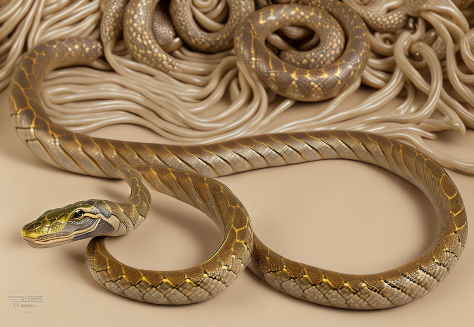 Realistic digital artwork: Gold-brown snake with intricate scales on beige background