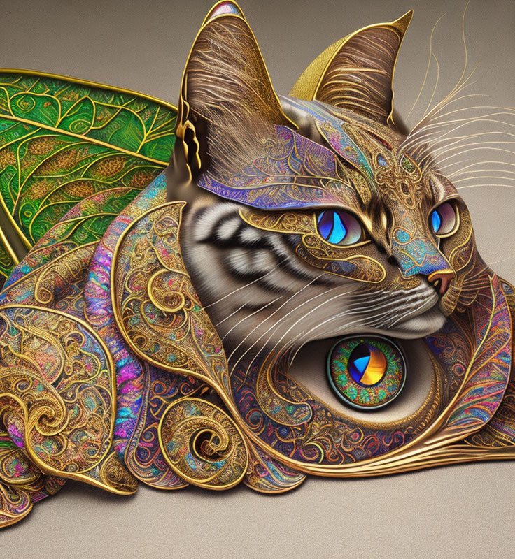 Stylized cat with intricate gold and jewel-toned patterns and blue eyes