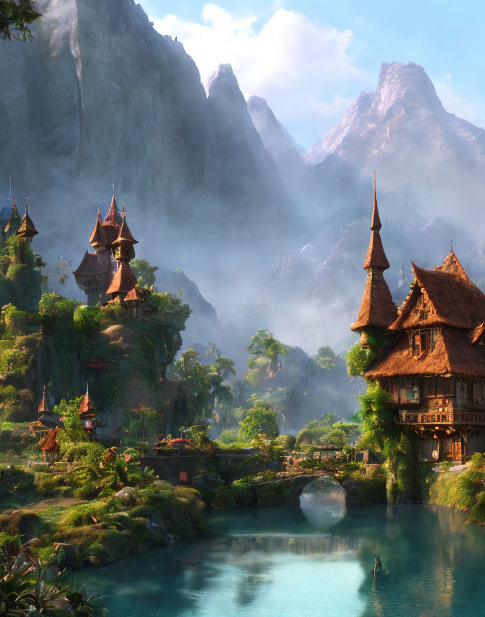 Medieval-style buildings in lush fantasy landscape