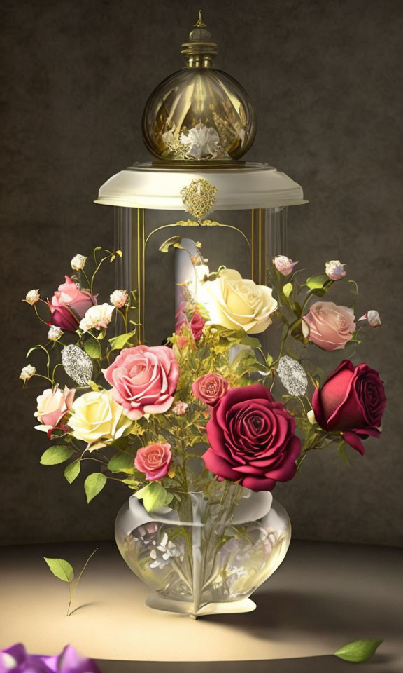 Ornate lantern with vibrant roses and foliage against muted background