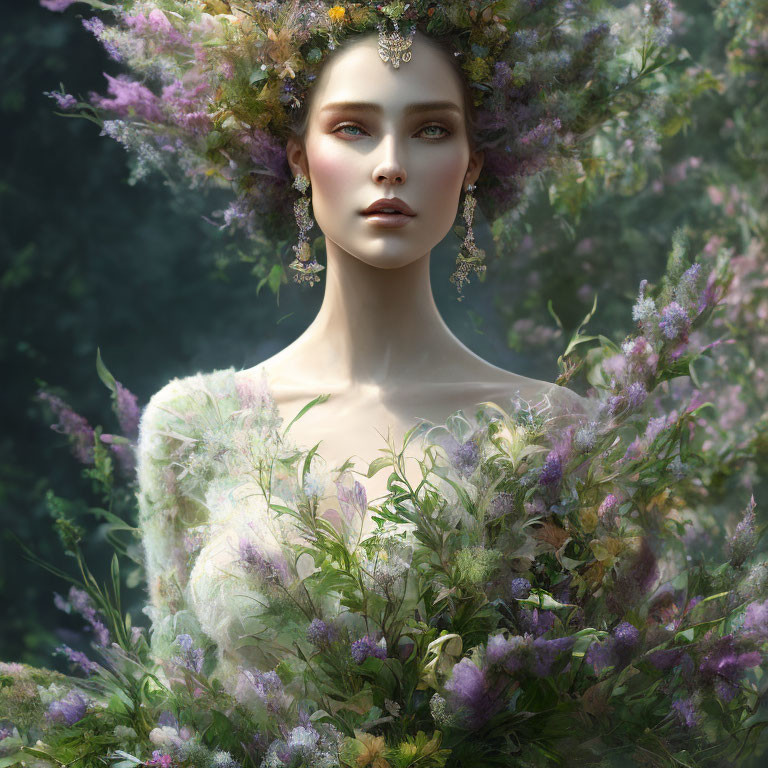Woman with Floral Headdress Surrounded by Greenery and Purple Flowers