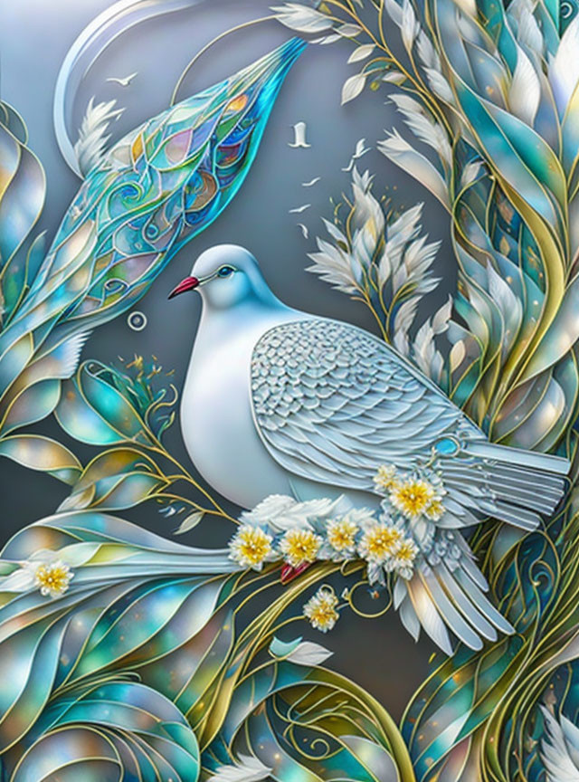 Serene dove surrounded by ornate feathers and floral motifs