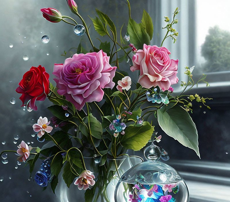 Colorful Flower Bouquet in Glass Vase with Bubbles and Water Droplets