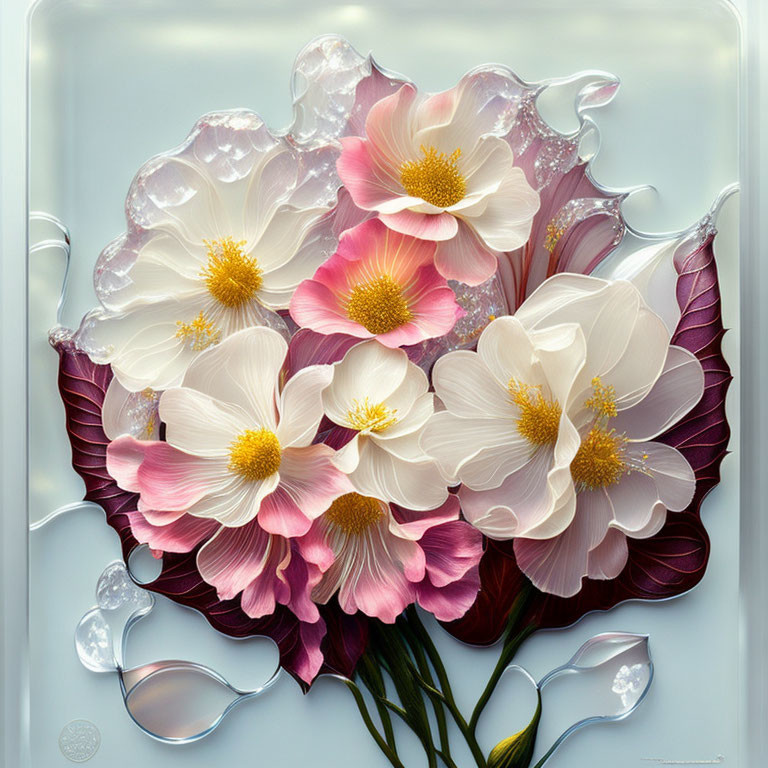Detailed Hyperrealistic Painting of White and Pink Flowers