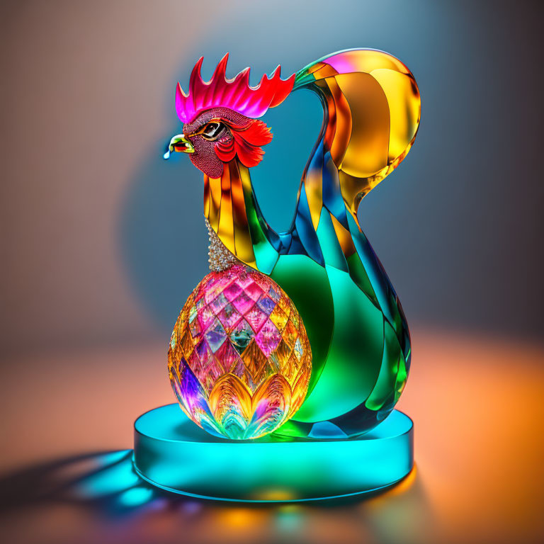 Colorful Iridescent Rooster Sculpture with Flowing Tail and Vibrant Hues