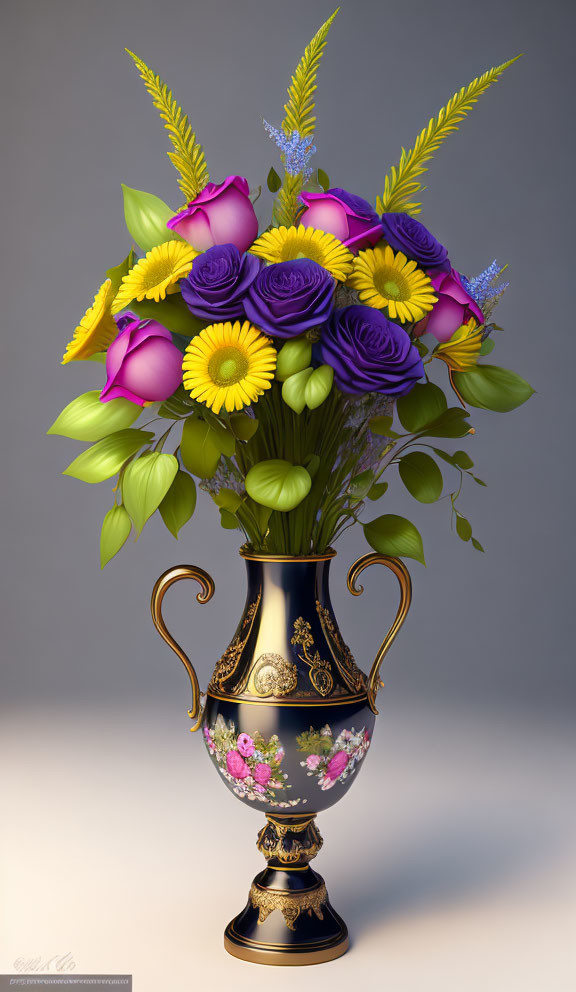 Colorful bouquet of purple roses, yellow daisies, and green buds in ornate vase