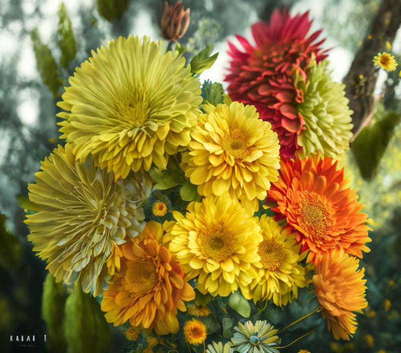 Colorful Yellow and Orange Flower Bouquet on Soft Green Background