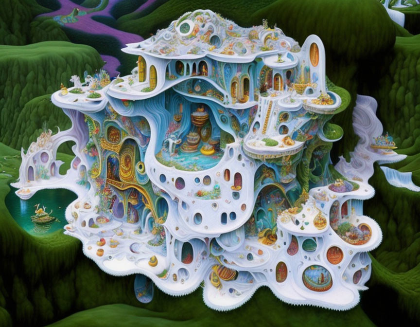 Colorful multilevel fantasy building in green hills