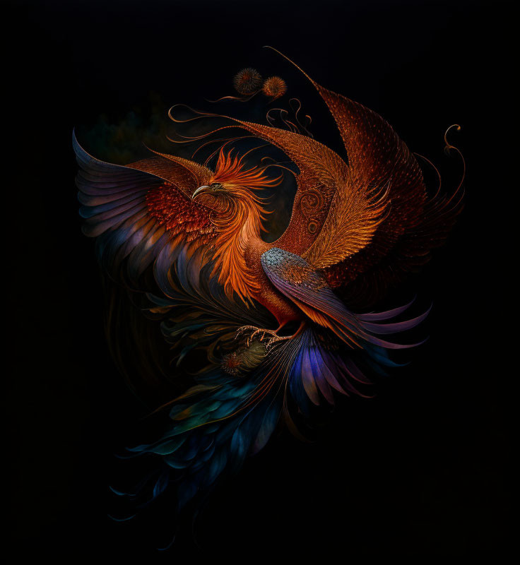 Colorful Phoenix Artwork with Detailed Feathers on Dark Background