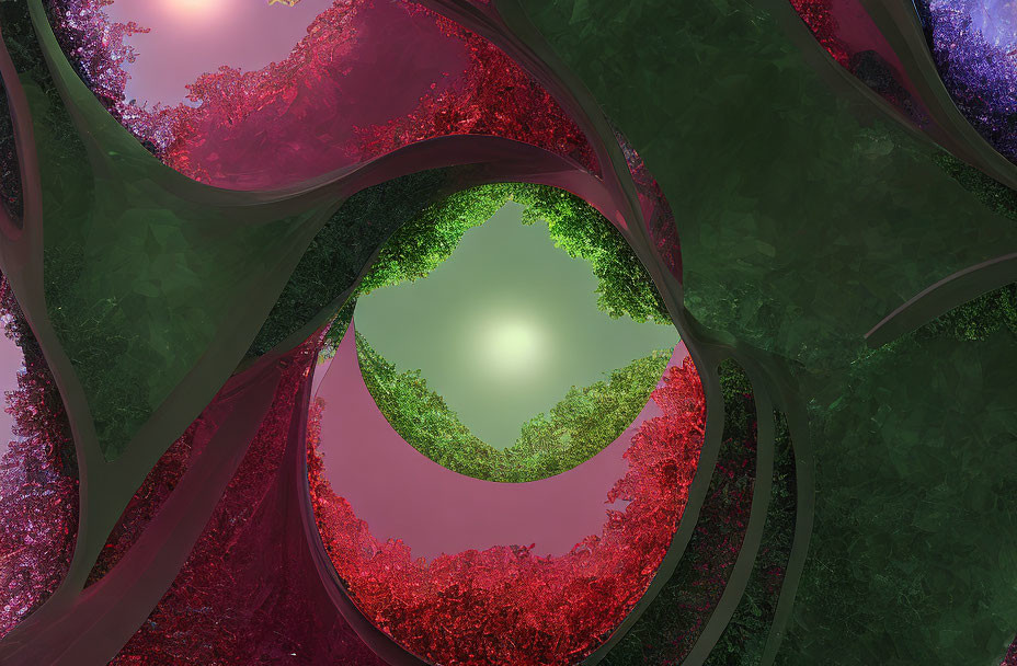 Fractal image with green, red, and purple leafy structures around glowing orb