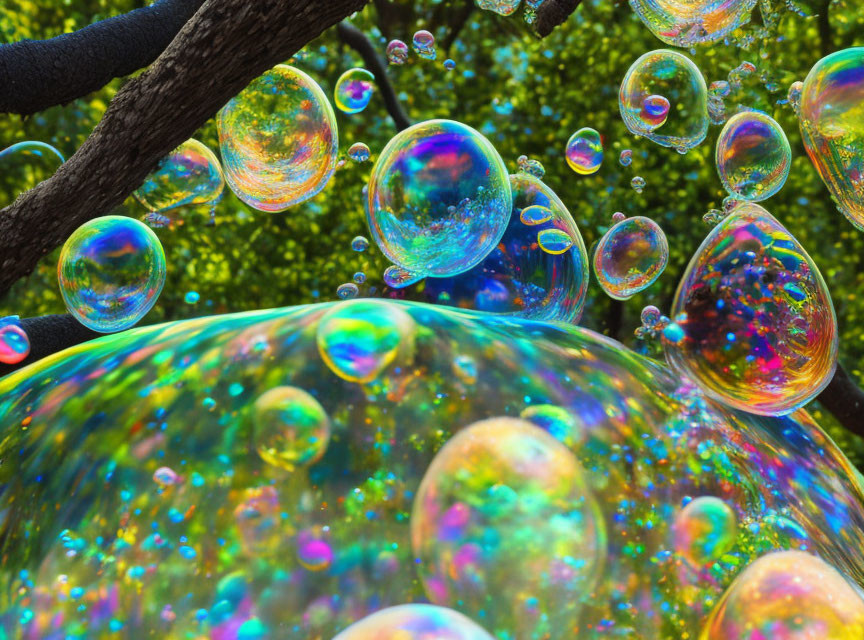 Vibrant soap bubbles among trees in sunlight